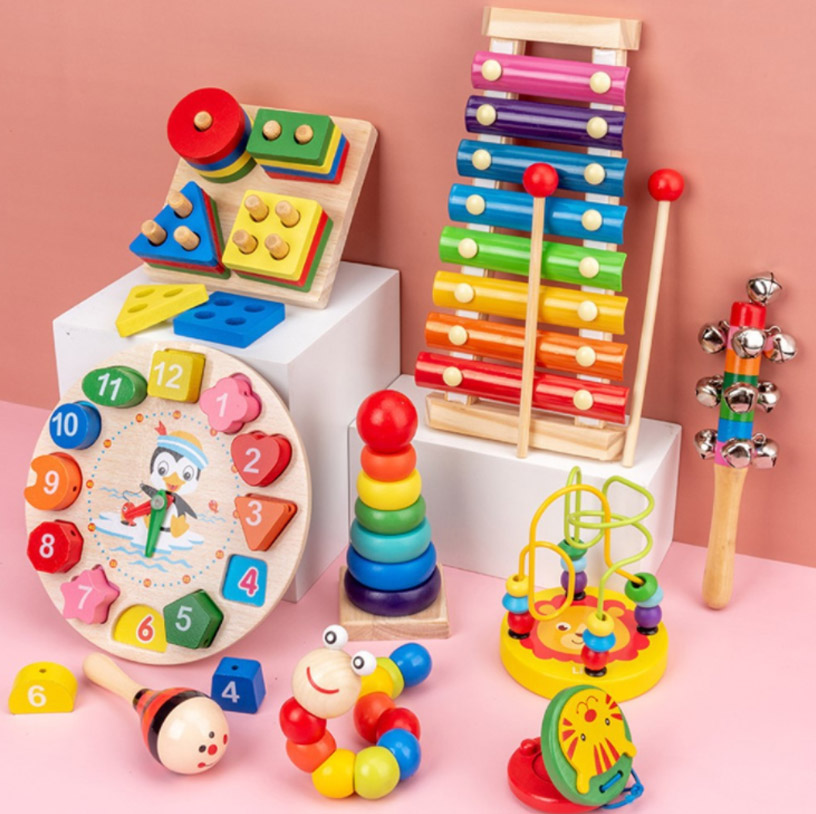 Wooden Early Childhood Clock Rattle Music Toy