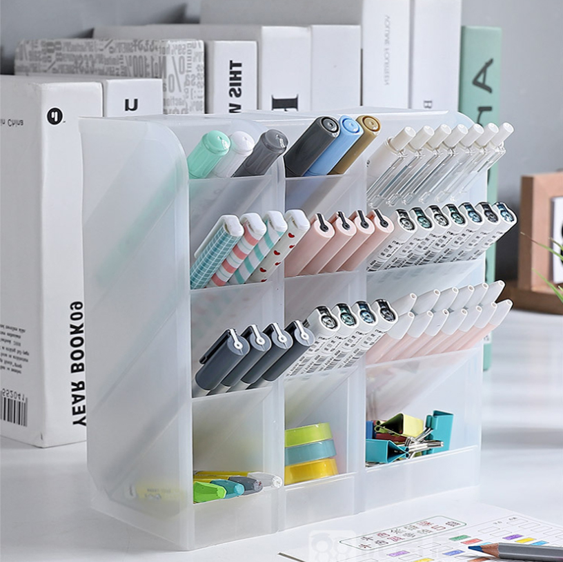 Oblique pen holder transparent multi-cell storage box