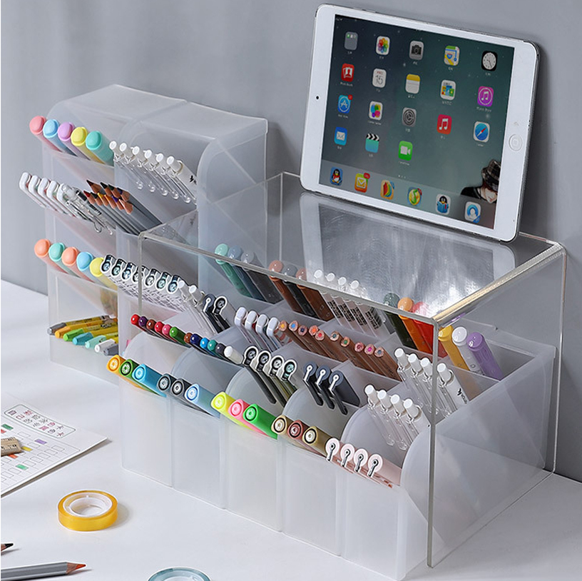 Oblique pen holder transparent multi-cell storage box