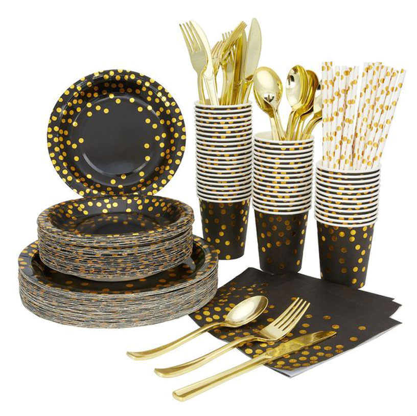 Party Decoration Golden Dots Paper Plate Straw Tissue Set