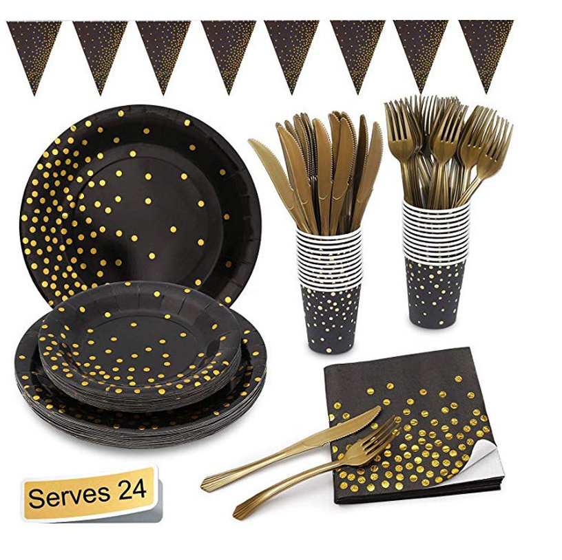 Party Decoration Golden Dots Paper Plate Straw Tissue Set