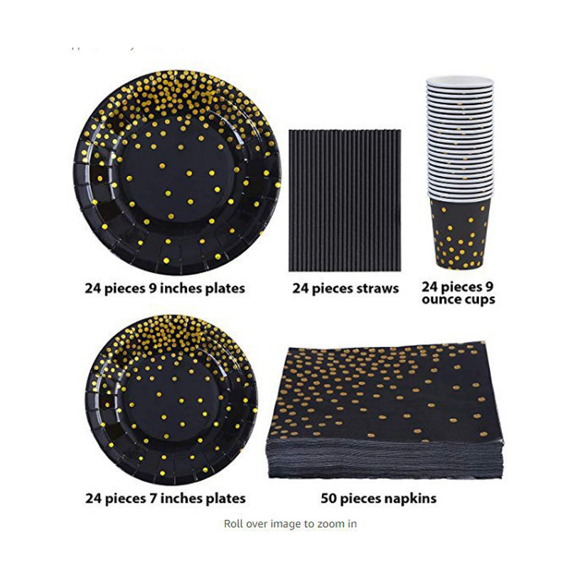 Party Decoration Golden Dots Paper Plate Straw Tissue Set