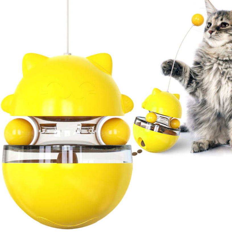 Cat Slow Feeder Ball Cat Tumbler with 2 Retractable Cat Toy, Adjustabl