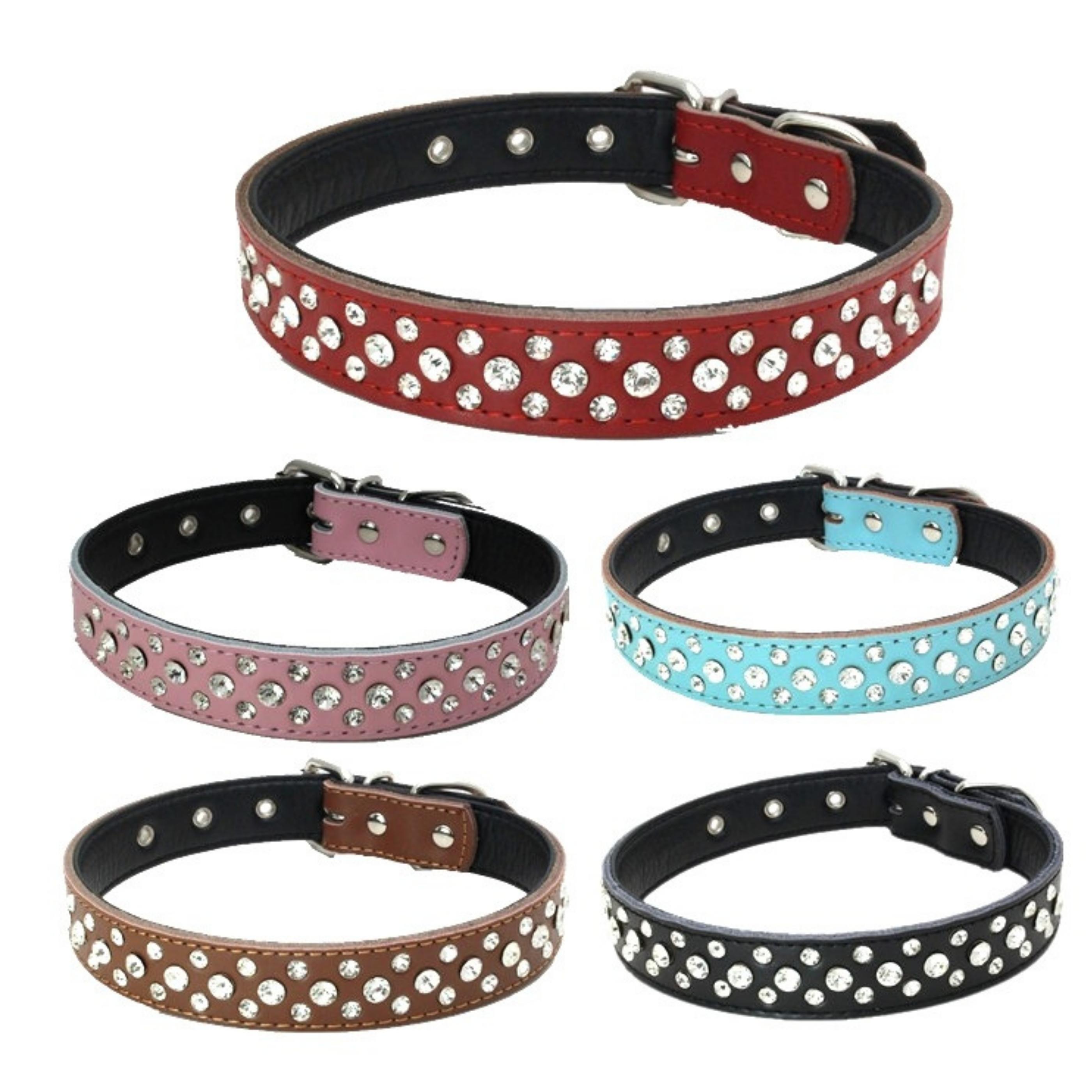 Adjustable Crystal Studded Leather Pet Collar